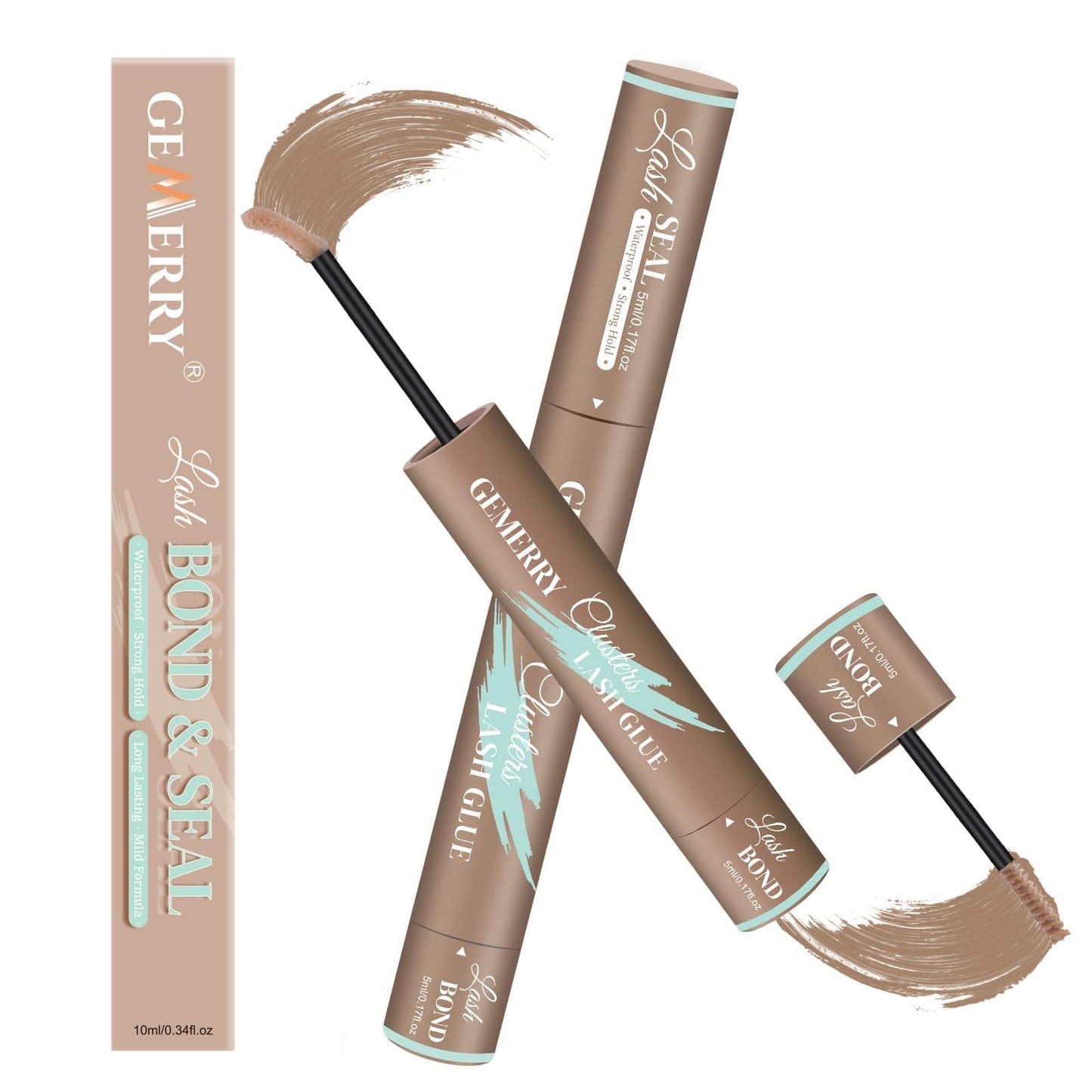 GEMERRY Lash Cluster Glue, Brown Lash Bond and Seal Waterproof Eyelash Glues for Clusters Eyelash Adhesive Long-Lasting 72H(5ml+5ml, Brown)