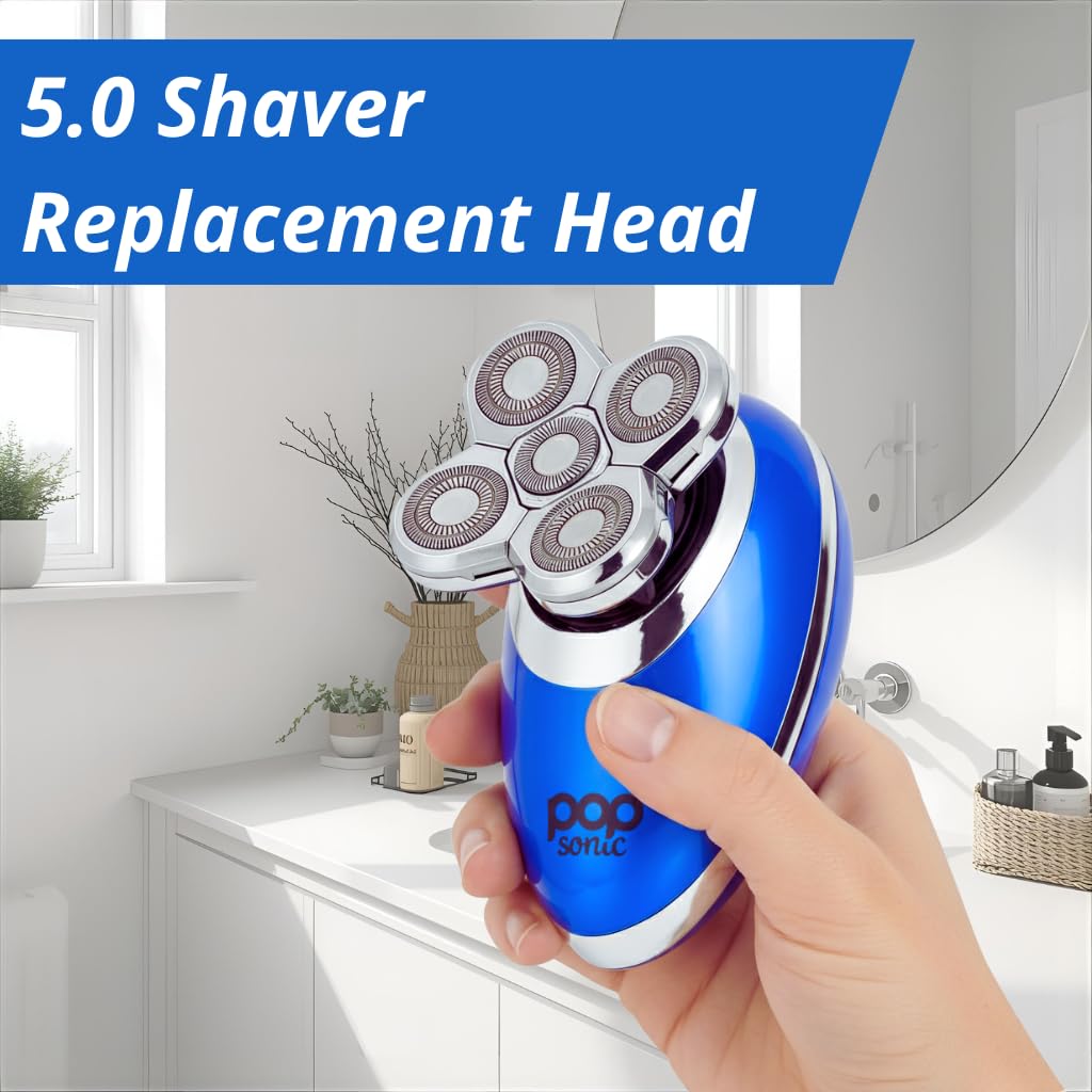 Shaver Replacement Head (Sonic 5.0) - Wet/Dry Use Shaver Head Replacement - Long Lasting Head Shaver Replacement Heads w/ 5 Cutting Heads - Grooming Tools for Clean, Comfortable Face, Body, Head Shave