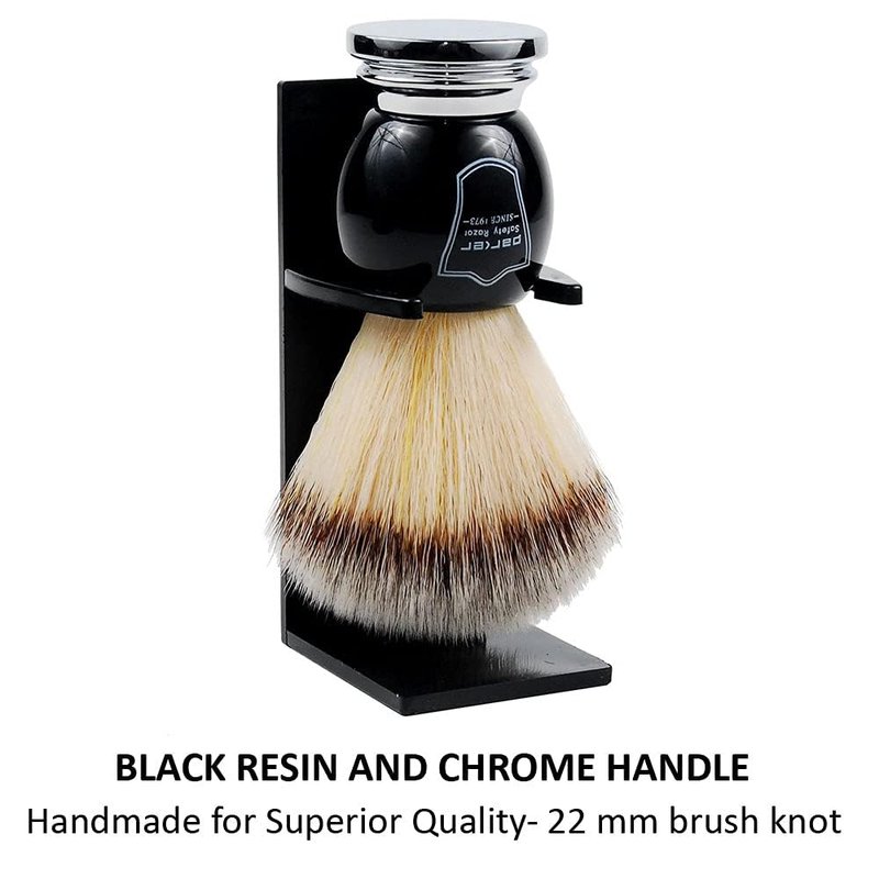 Parker Deluxe Synthetic Silvertip Shaving Brush – 22 mm Ultra‑Soft Knot, Chrome & Black Handle + Acrylic Stand for Proper Drying