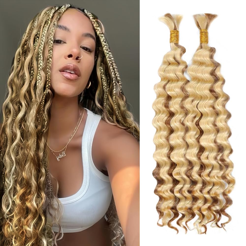Blonde Braiding Hair 2 Bundles 110g 14 Inch GveoXvo Deep Wave Bulk Human Hair Braiding Wet and Wavy Human Braiding Hair for Boho Braids 613 Blonde Curly Human Hair Extensions