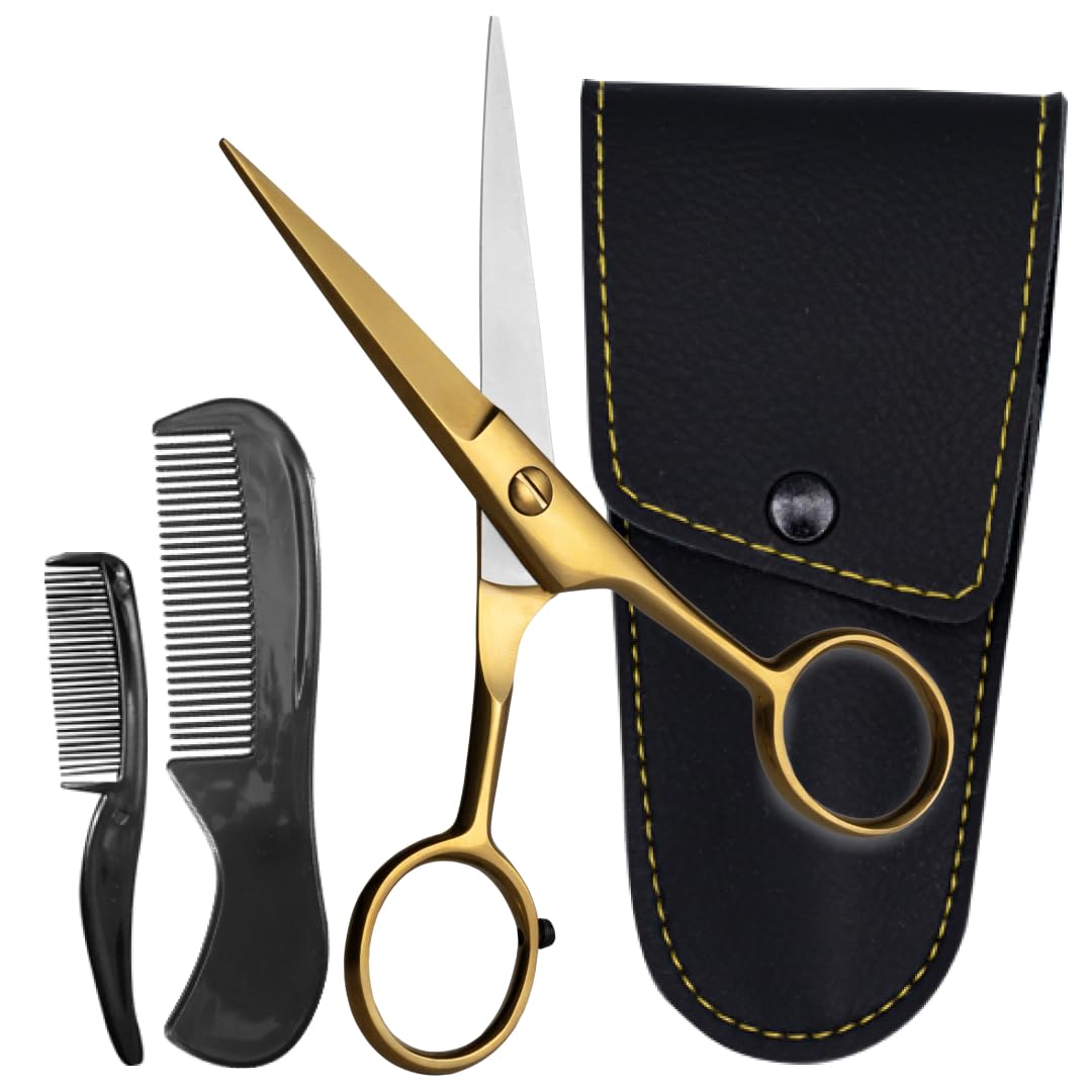 Ontaki Beard & Mustache Scissors for Men - 5inch, Gold Brass - 410C German Steel Durable, Ergonomic Design Travel Friendly Facial Hair Scissors - Beard Kit 2 Combs & Case Perfect for Styling