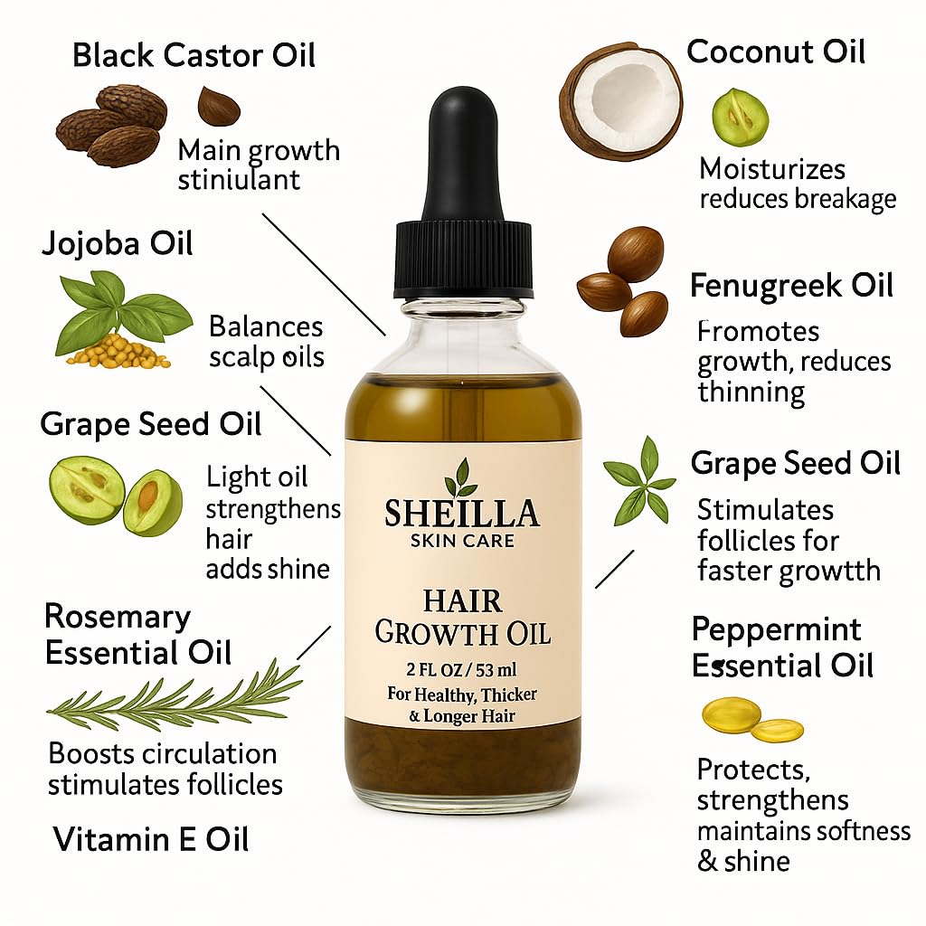 SHEI LLA Skin Care Hair Growth Oil – For Healthy, Thicker & Longer Hair – All Hair Types – 2 oz (59 ml)