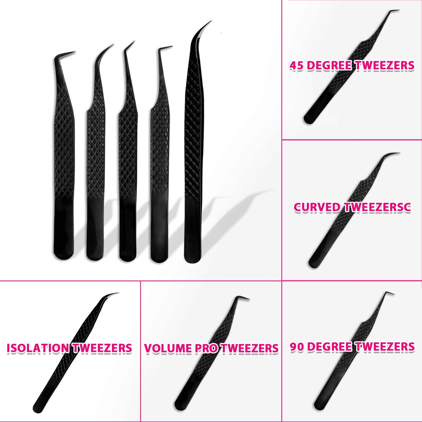 TDANCE Lash Tweezers for Eyelash Extensions, Diamond Grip 45 Degree Fiber Tip Lash Tweezers, Stainless Steel Lash Extension Tweezers(Black-04)