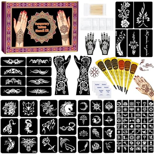 ZPTYCHZ 95 PCS Temporary Tattoo Stencil Kit - 6 Inks (3 Black, 2 Brown, 1 Red) with Gloves & Wipes