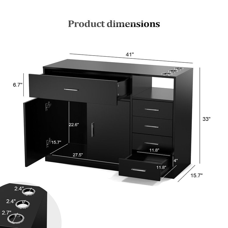OmySalon Salon Station Free Standing Cabinet, Barber Hair Styling Stations, Beauty Spa Equipment with 5 Drawers, 1 Storage Cabinet, 3 Hair Dryer Holders, Black