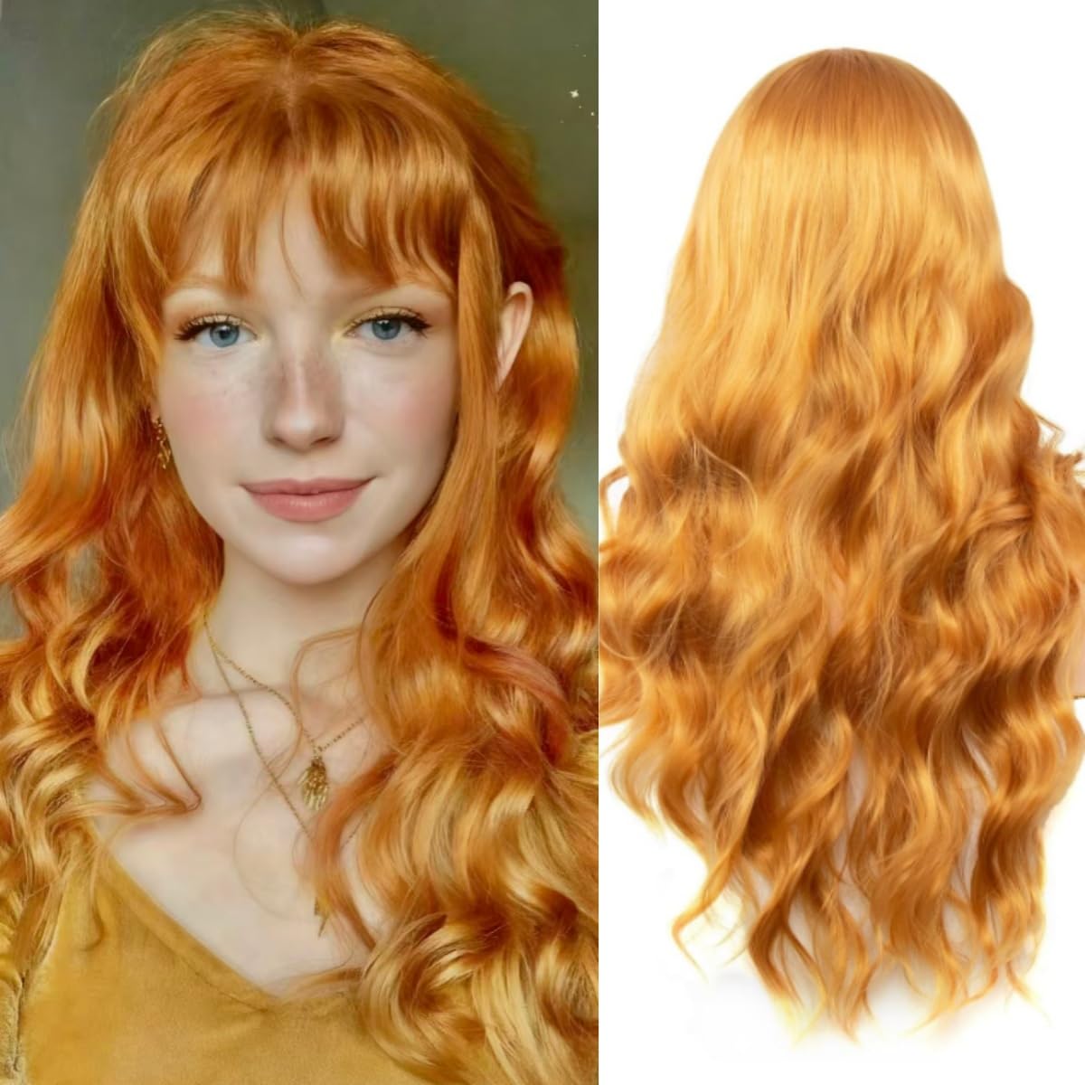 Honey Blonde Wigs for Women - 26 Inch Long Wavy Curly Synthetic Wig with Bangs | Heat Resistant Cosplay Style