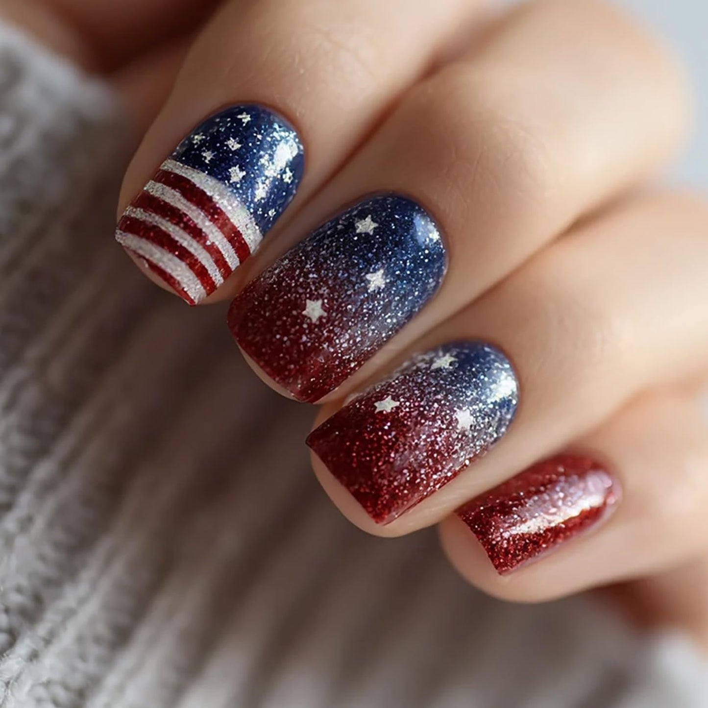 24Pcs 4th of July Press-On Nails - Medium Square Red, Blue & White Glitter Designs | Reusable Patriotic Acrylic Nails for Women