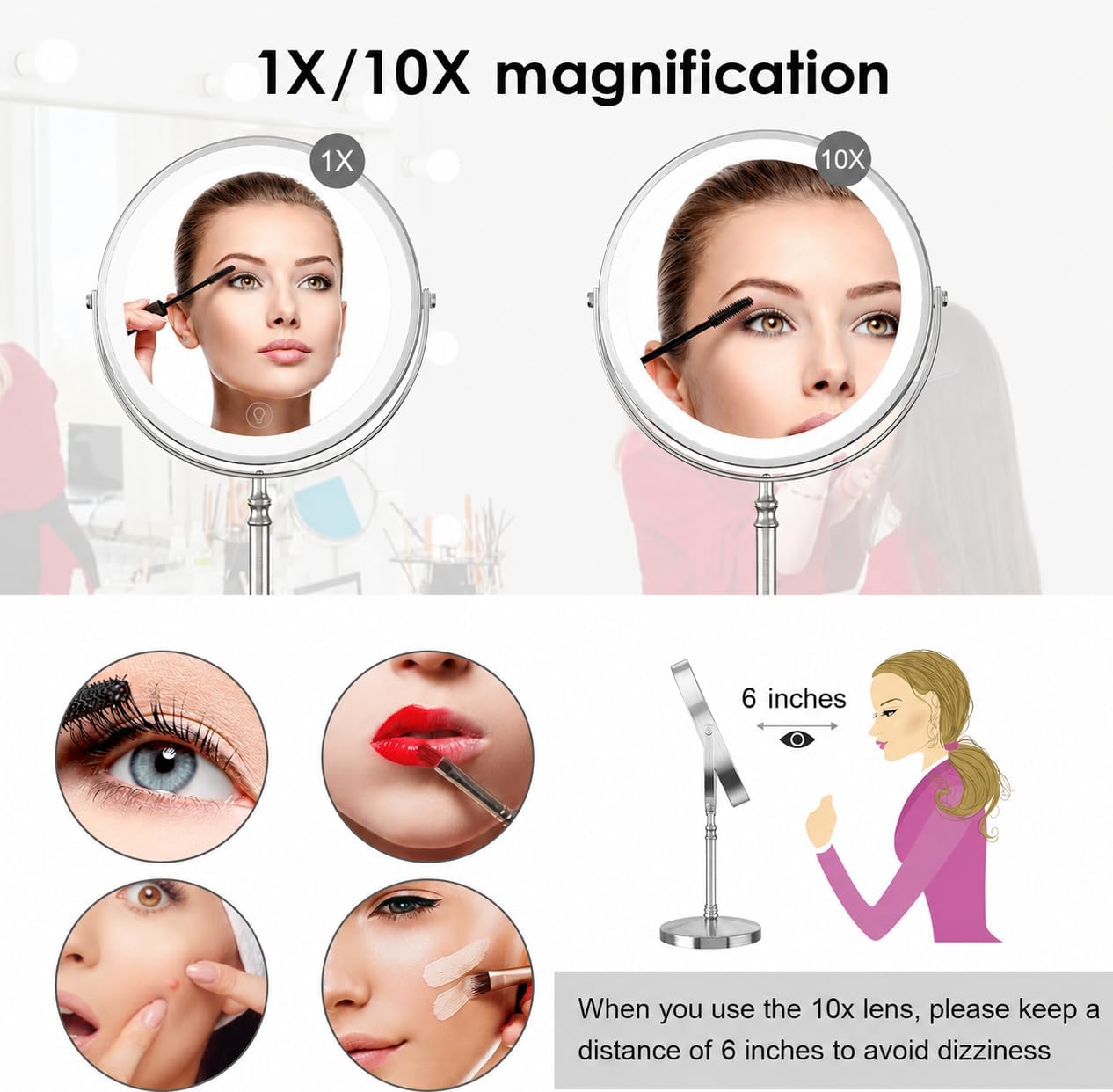 Double-Sided Makeup Mirror - 3000mAh Rechargeable Vanity Mirror | 1X/10X Magnification, Adjustable Brightness, 3 Colors