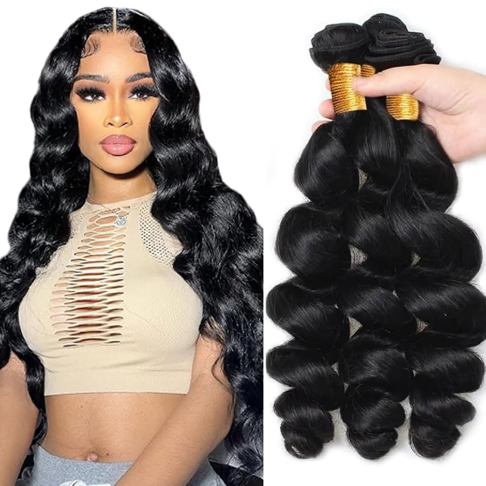 18 20 22 Inch Loose Deep Wave Bundles Human Hair 3 Bundles Brazilian Remy Hair 50 Grams/Bundle #1B Natural Black Color Loose Wave Bundle 10A Grade Unprocessed Virgin Hairs Weaves Extensions