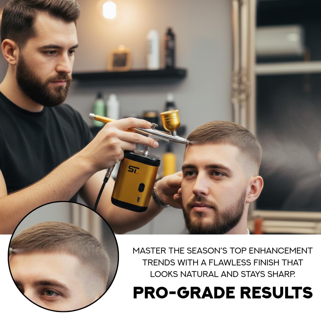 Supreme Trimmer Barber Airbrush Kit Cordless Hair and Beard Enhancement System with Ink Cleaning Solution 2 Style Triggers for Thinning Hair Natural Texture Fuller Looking Hair - AG1 (Gold)