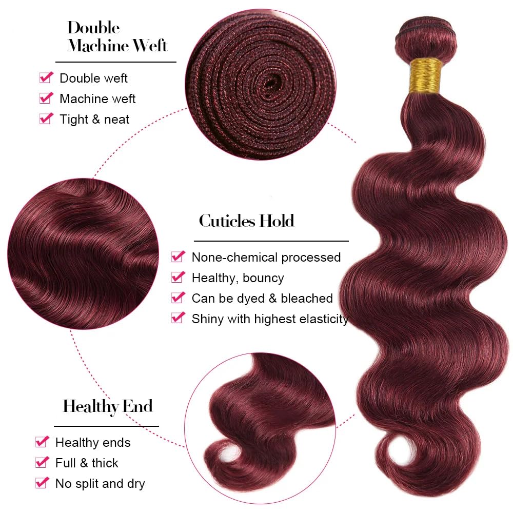 #99J Burgundy Bundles Human Hair Body Wave Bundles 34 Inch Wine Red Body Wave Bundle Unprocessed Brazilian Virgin Weave Hair 1 Bundle 50 Gram Per Bundle