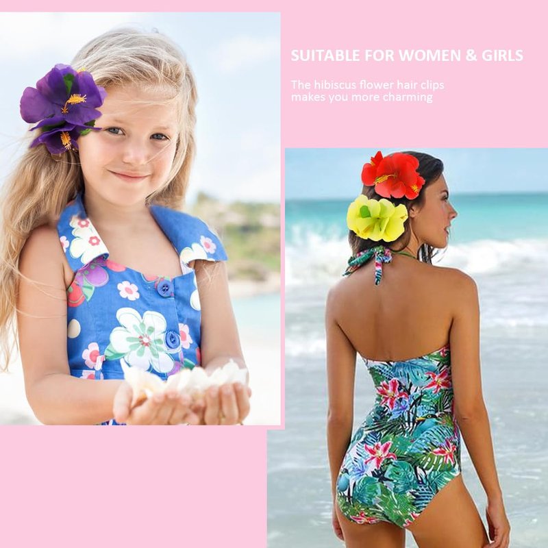 Hawaiian Hibiscus Flower Hair Accessories - 4-Piece Chiffon Barrettes & Pins for Women | Beach Luau Party Decor (Purple/Red/Pink/Yellow)