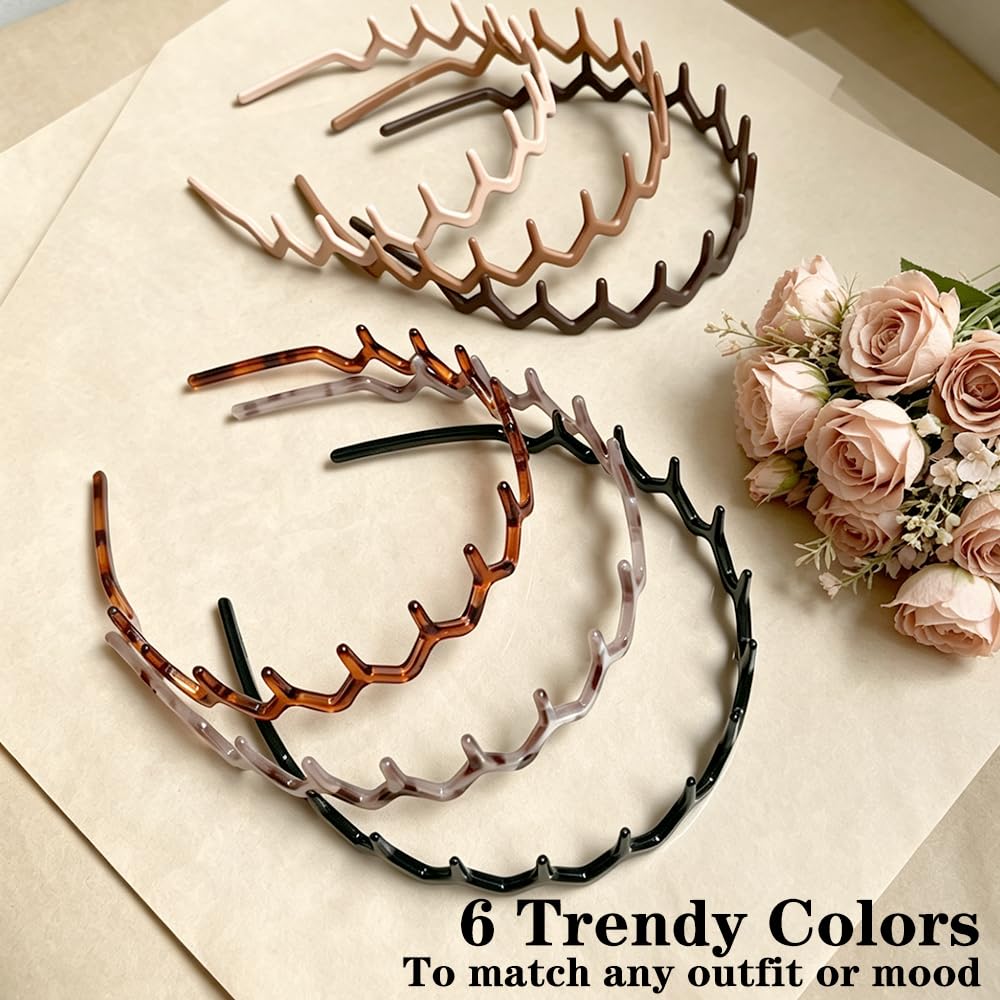 Zig Zag Headbands for Women - Non-Slip Plastic Hair Bands | 90s Retro Style, 6 Pack for Daily Use