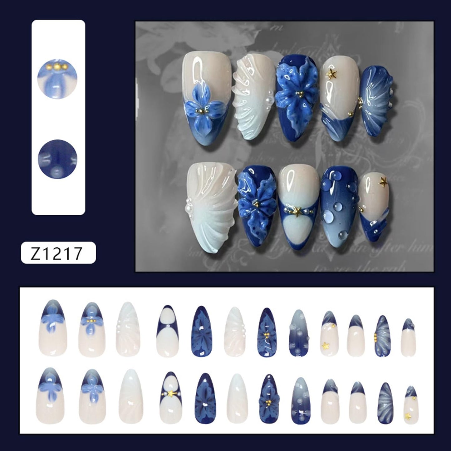 24Pcs Blue Flower Press on Nails Medium Almond French Tip Fake Nails with 3D Gold Starfish Pearls Designs Lily Flowers False Nails Blue Gradient Full Cover Cute Floral Acrylic Stick on Nails for Women