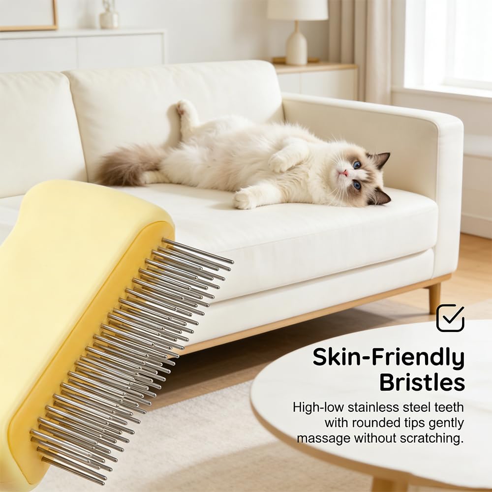 Spwejsr Cat Self Cleaning Pet Hair Removal Comb, One-Click Self-Cleaning Brush with Stainless Steel Teeth & Release Button, De-Shedding Comb for Cats & Dogs Long & Short Hair (Green- High-Low Teeth)
