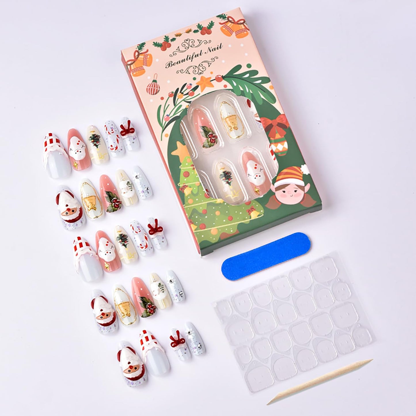 Christmas Press-On Nails - 24pcs Almond Medium Fake Nails with 3D Santa Claus & Snowman Designs | Holiday Nail Art Set