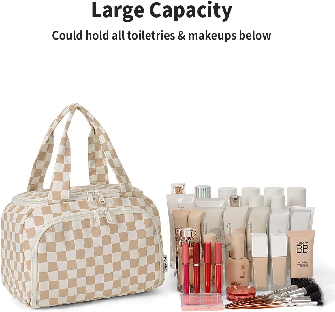 Checkered Travel Toiletry Bag for Women - Large Makeup Organizer with Handle | Light Brown Checkerboard