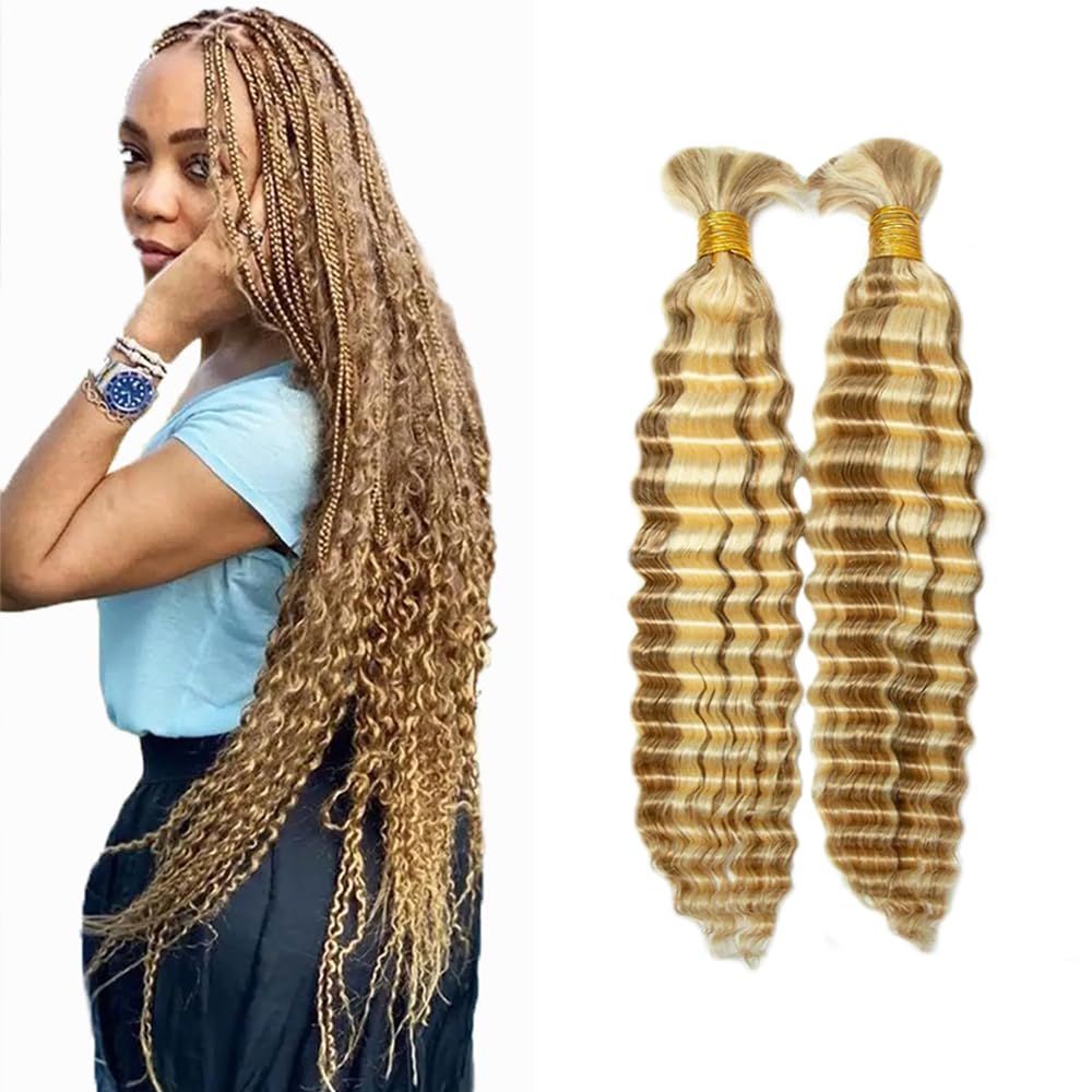 16 16 Inch P27/613 Blonde Human Braiding Hair for Boho Braids 2 Bundles 50g/Bundle Deep Water Bulk Human Hair Boho Braiding Honey Blonde Deep Wave No Weft Extensions Bohemian Braids