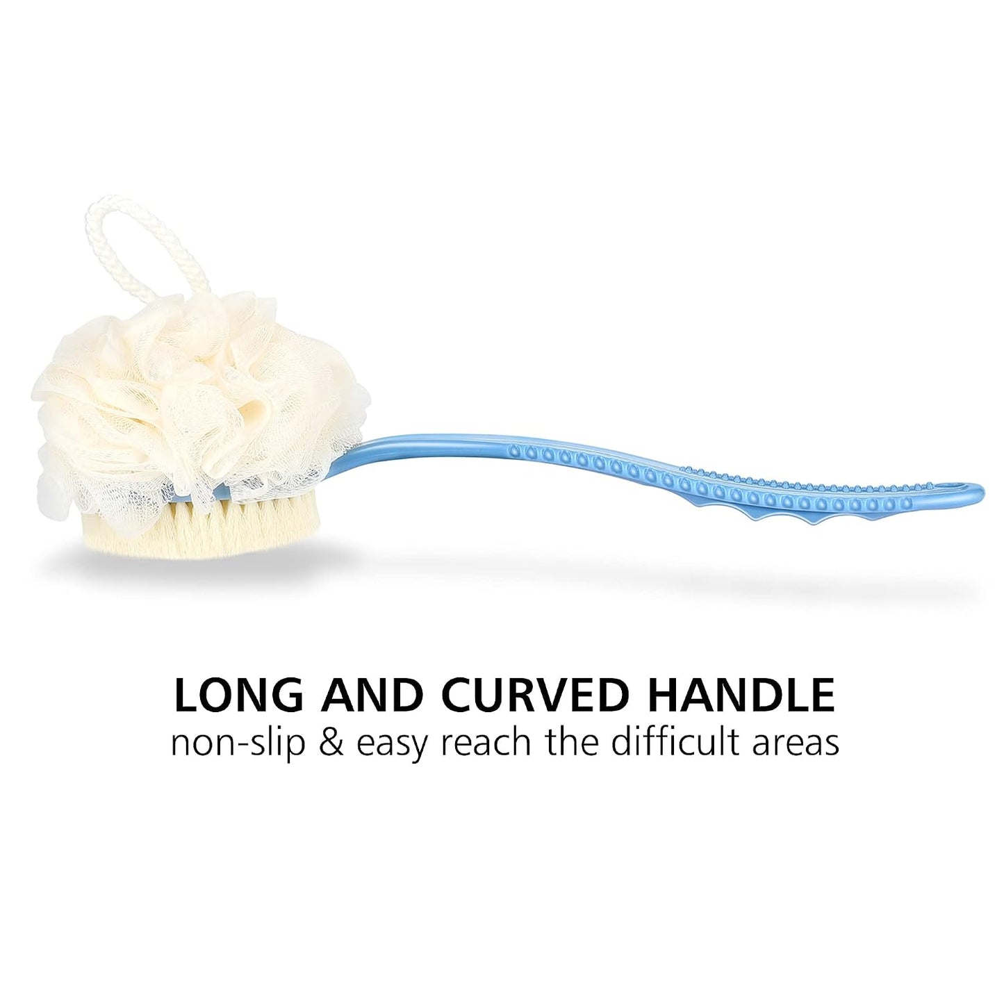 Shower Body Brush - Exfoliating Back Scrubber with Curved Handle | Dual Bristles & Loofah for Wet/Dry Use - Blue