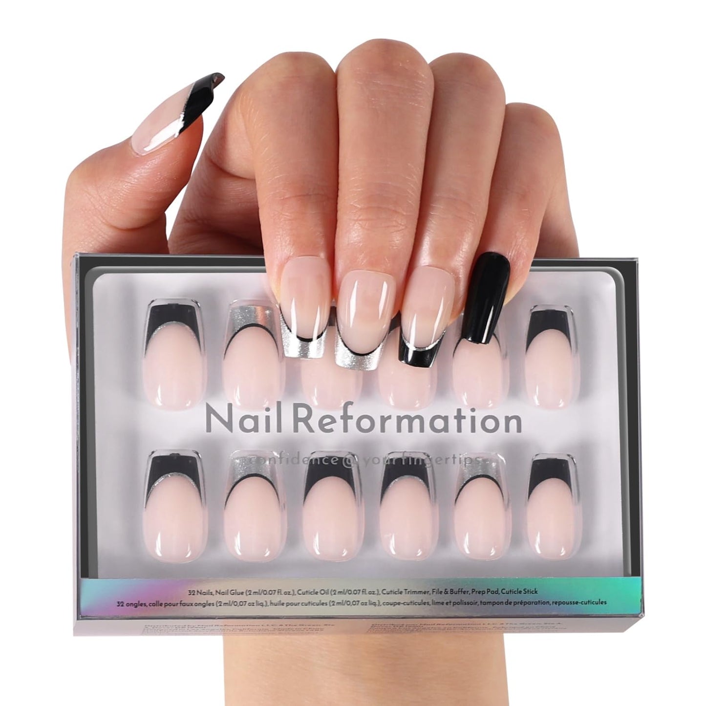 Press On Nails - She's a Natural | Short Square White French Tip on Nude Base, Glossy Finish - 30 Reusable Stick-On Nails in 15 Sizes for Women