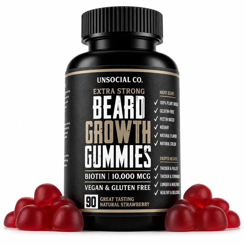 Unsocial Pomade Beard Growth Gummies 90 ct | 10,000mcg Biotin | Vitamin B7 | Vegan, Kosher & Gluten Free | Natural Strawberry Flavor