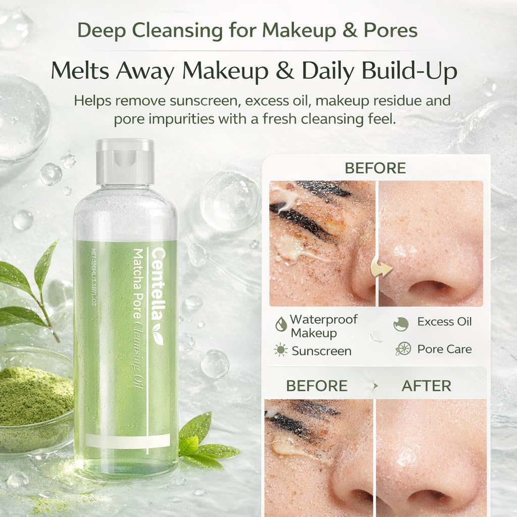 Matcha Centella Cleansing Oil for Face, Korean Facial Cleanser with Matcha Extract, Lightweight Cleansing Oil for Makeup and Daily Face Wash, Hydrating Skin Care for Pore Care and Fresh Feeling