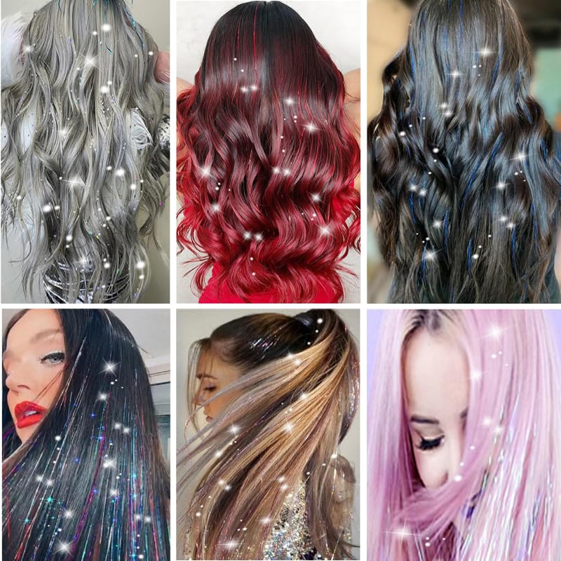 Hair Tinsel Kit - 18 Pcs Glitter Clip-In Extensions, 19.6 Inch