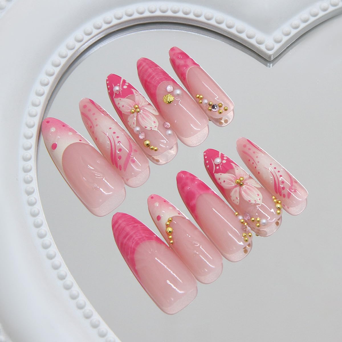 30Pcs Pink Flower Press on Nails Long Almond Fake Nails with Gold Rhinestone & Pearl Designs French Tip Glue on Nails Gradient Pink False Nails Summer Cute Stick on Nails for Women Wedding Party Daily