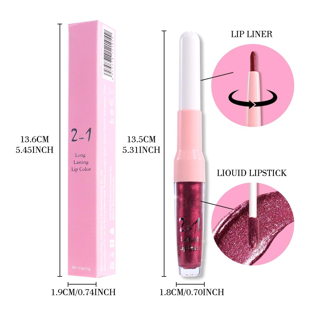 Dark Purple Red Metallic Glitter Lip Liner & Lipstick Combo - Long Lasting Waterproof Liquid Lipstick Set for Women | Iridescent Shine, Non-Stick Cup