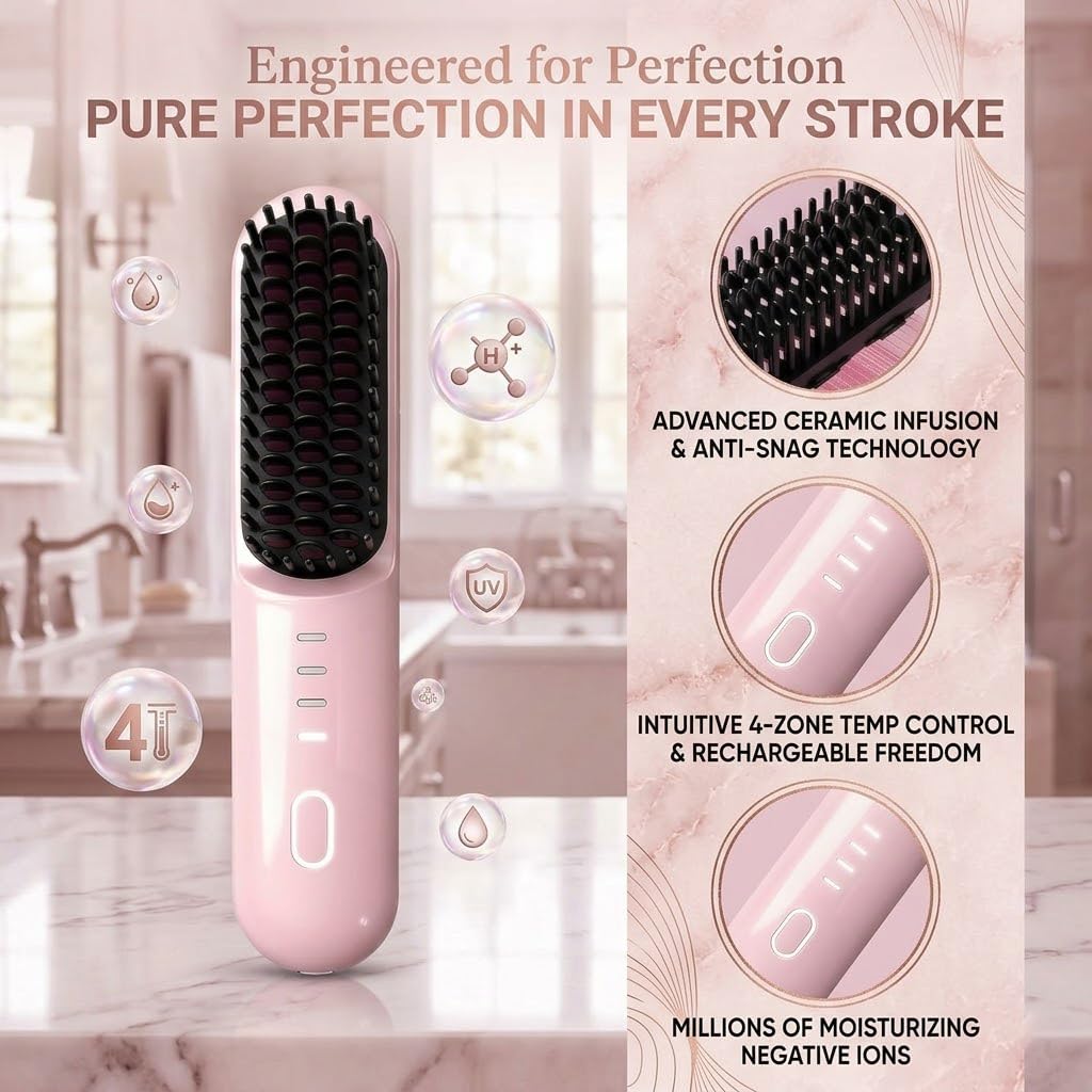Flown Go Brush Pro for Short Hair, Nucelia Electric Hair Brush Styling for Travel, 2026 Upgraded Cordless Straightening & Curling Brush, 4000mah USB-C Rechargeable, Adds Volume, Frizz-Free Styling
