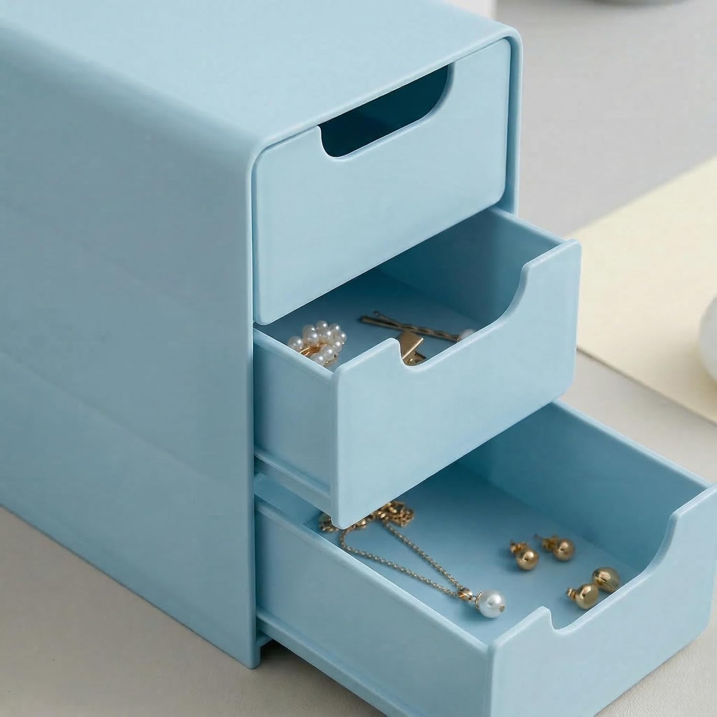 Mini Blue Plastic 3-Drawer Organizer - Hair Accessories & Makeup Storage | Compact Desktop Box for Girls