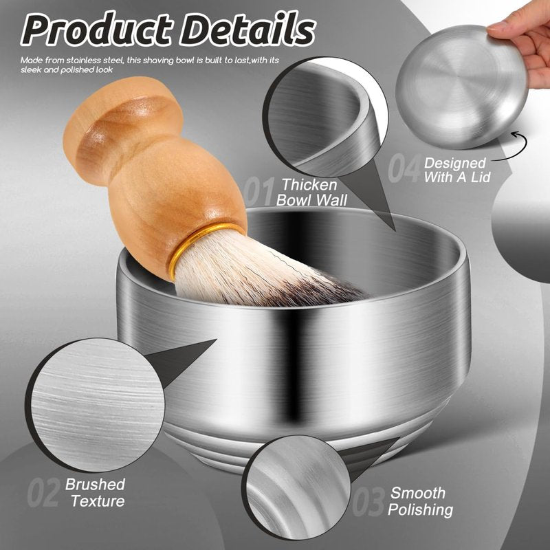 DEARMAMY Stainless Steel Shaving Bowl with Lid, Double Layer Heat Insulation Soap Mug, Mirror Polished Lathering Dish for Traditional Wet Shaving