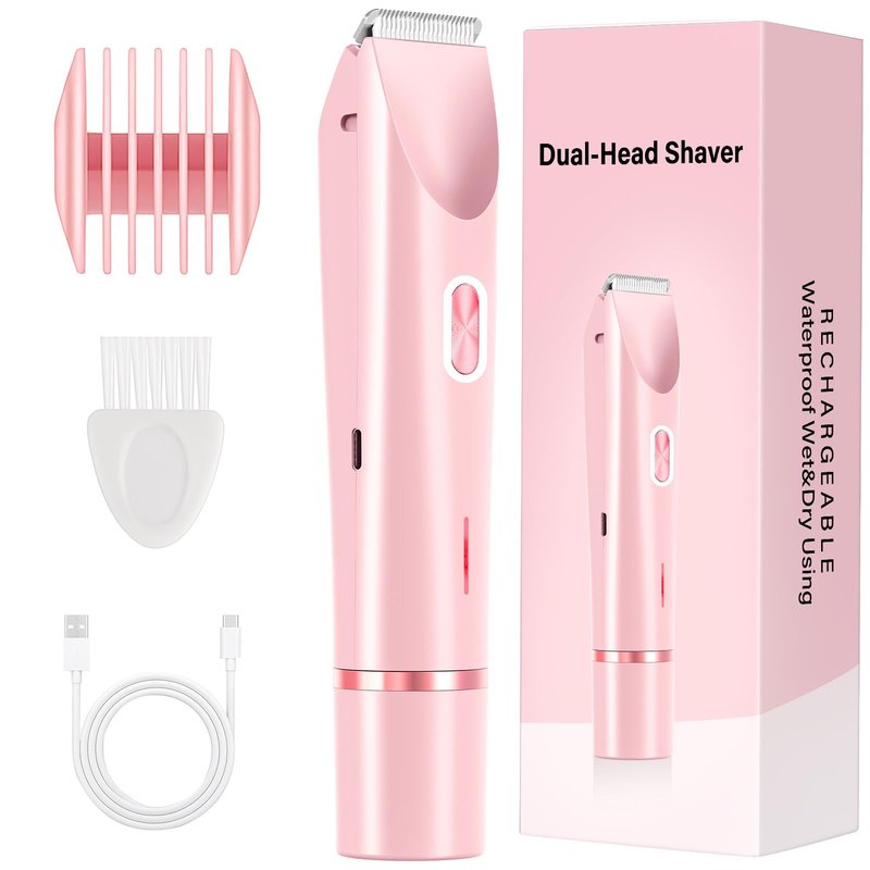 2-in-1 Women's Electric Razor & Bikini Trimmer - Painless Smooth Shave & Gentle Pubic Hair Removal - Dual Ceramic Blades, IPX7 Shower-Proof - Cordless for Sensitive Skin
