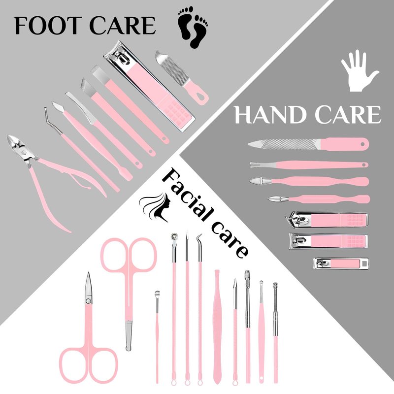 MINKINH 26-Piece Professional Manicure Set，Features Stainless Steel Tools, Carbon Steel Clippers & Travel Case for Women's Home and Travel Grooming(Pink)