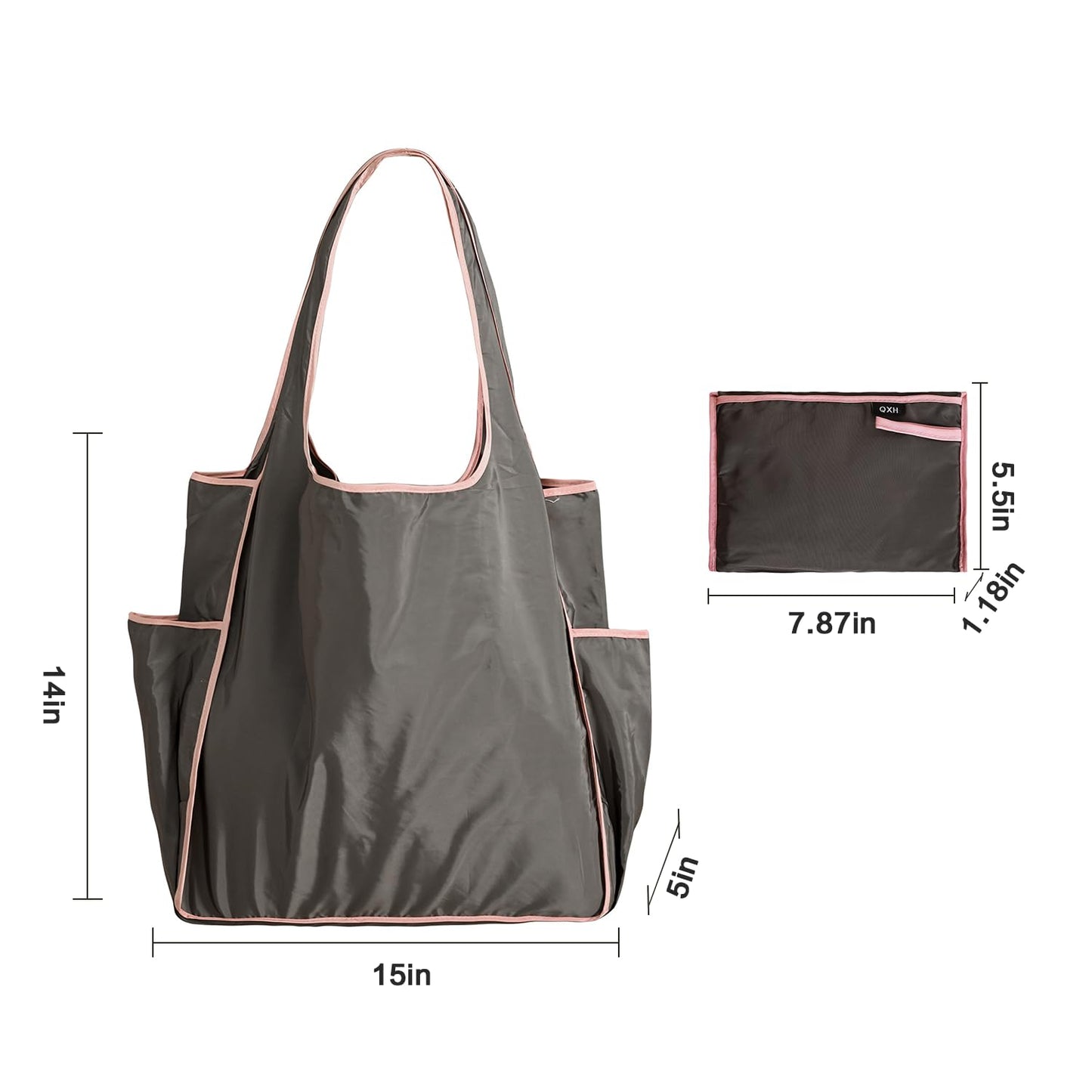Foldable Tote Bag - Collapsible Packable Reusable Large Grocery Shopping Bags Grey