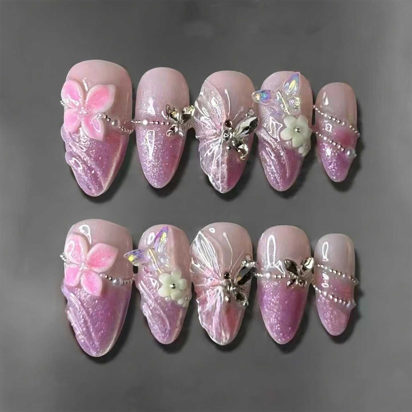 Gradient Purple Press-On Nails - Medium Almond French Tip with Glitter & 3D Pearl Gems | 30 Pcs Spring Flower Design