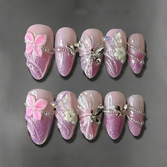 Gradient Purple Press-On Nails - Medium Almond French Tip with Glitter & 3D Pearl Gems | 30 Pcs Spring Flower Design