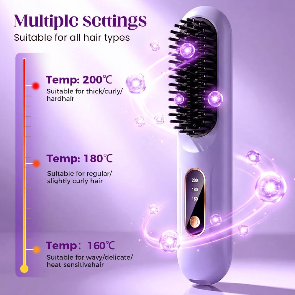 Portable Straightener Brush - Cordless Ionic Ceramic Hair Tool for Long Hair | 30s Fast Heat, 3 Temp Settings, USB-C Rechargeable (Purple)