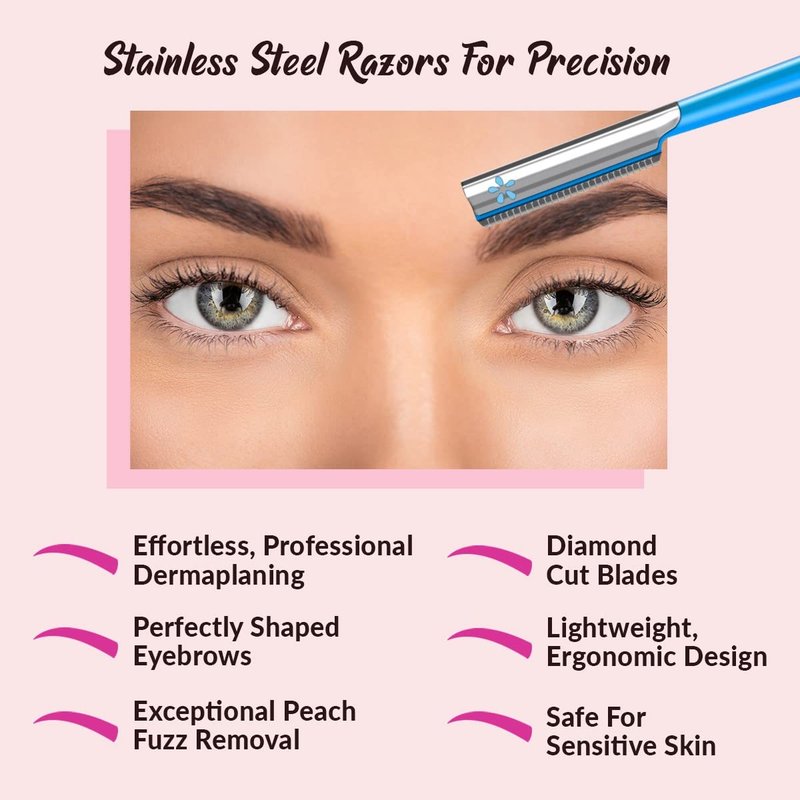 Facial Razor Hair Removal - Dermaplaning Tool Peach Fuzz Remover Trimmer Women Remove Fine Hair Blue Eyebrow Razors Dermaplane Face Shavers Exfoliating Sensitive Skin Travel Essential