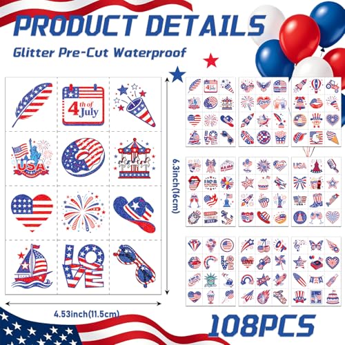 108 Pcs Glitter Patriotic Temporary Tattoos for 4th of July & Kids Adults