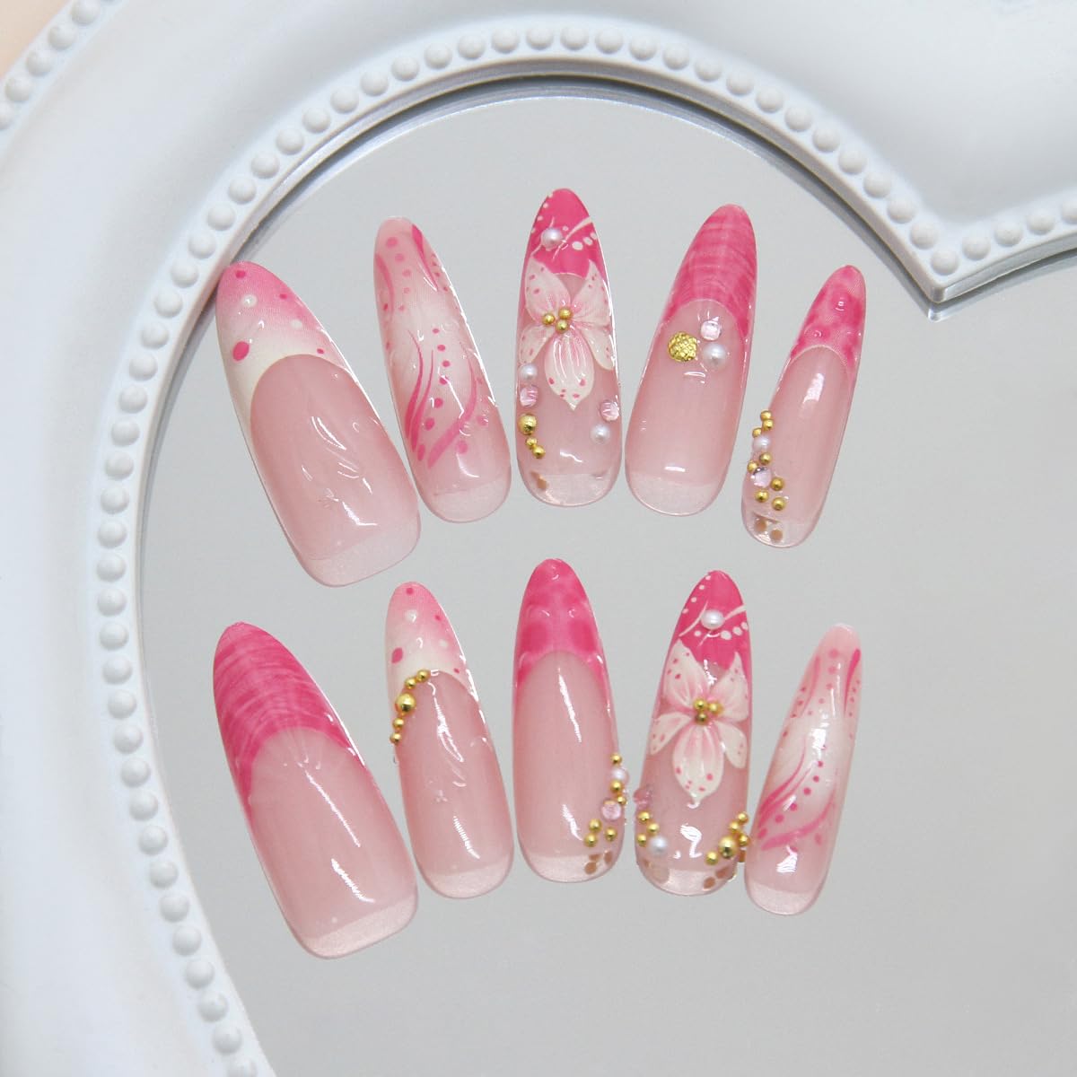 30Pcs Pink Flower Press on Nails Long Almond Fake Nails with Gold Rhinestone & Pearl Designs French Tip Glue on Nails Gradient Pink False Nails Summer Cute Stick on Nails for Women Wedding Party Daily