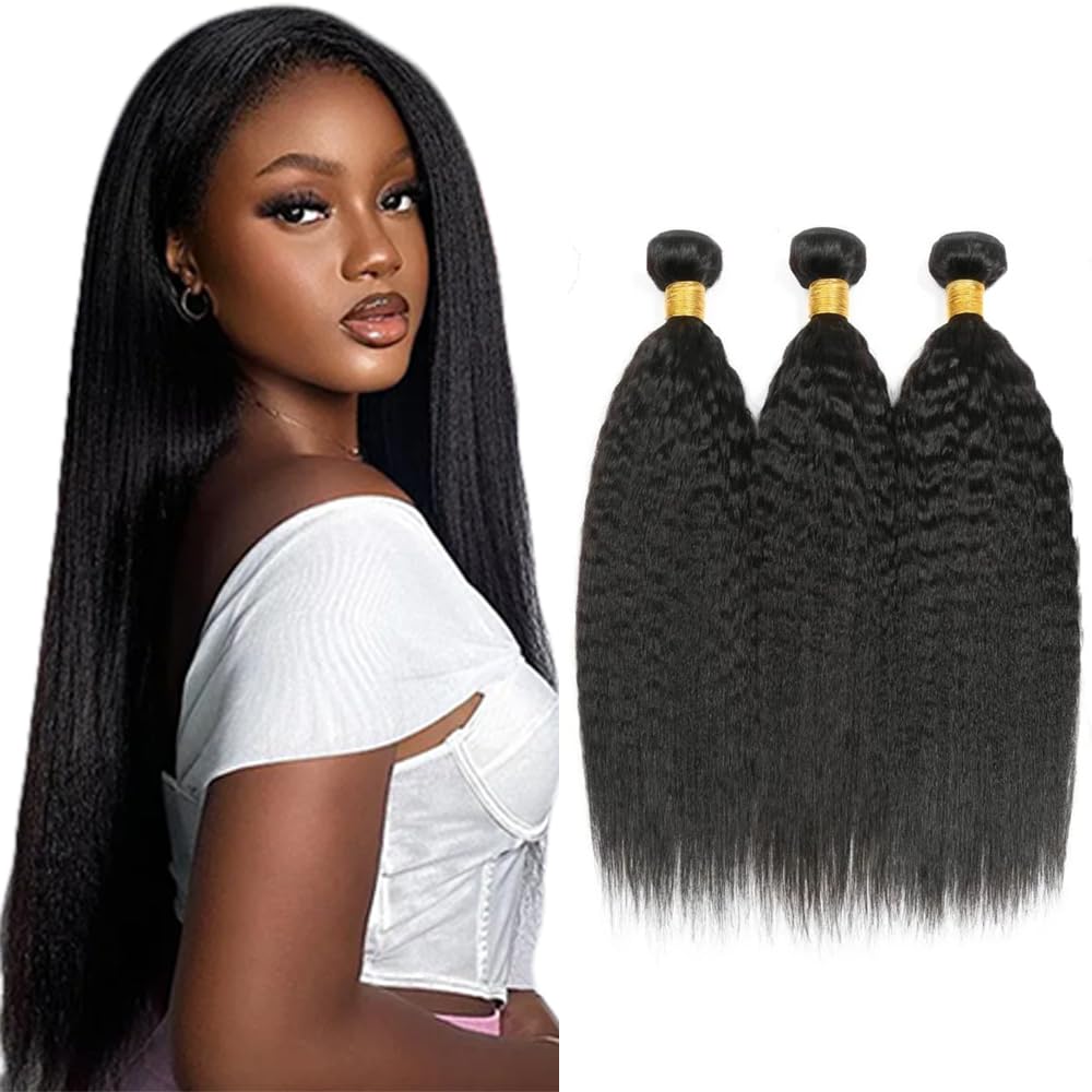 Human Hair Bundles #1B Natural Color Yaki Straight Bundles 26 28 30 Inch Unprocessed Brazilian Virgin Hair 3 Bundle 50 Gram Per Bundle Deals Quick Weave Hair Extensions