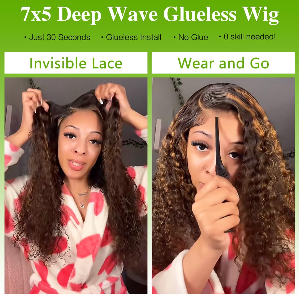 QUANDIAN Balayage Highlight Glueless Wigs Human Hair Pre Plucked Pre Cut 7x5 HD Lace 210 Density Deep Wave Lace Front Wigs Human Hair for Black Women Wear Go Drawstring Wig 18 Inch Ombre FB/30 Colored