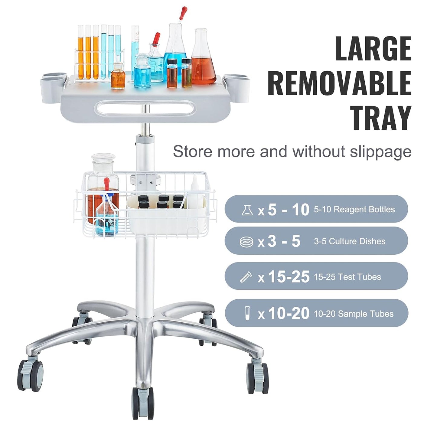 VEVOR Medical Trolley - Height Adjustable Stainless Steel Rolling Cart with Storage Basket | 19" x 17" Tabletop for Ultrasound, Dental, EKG, Lab