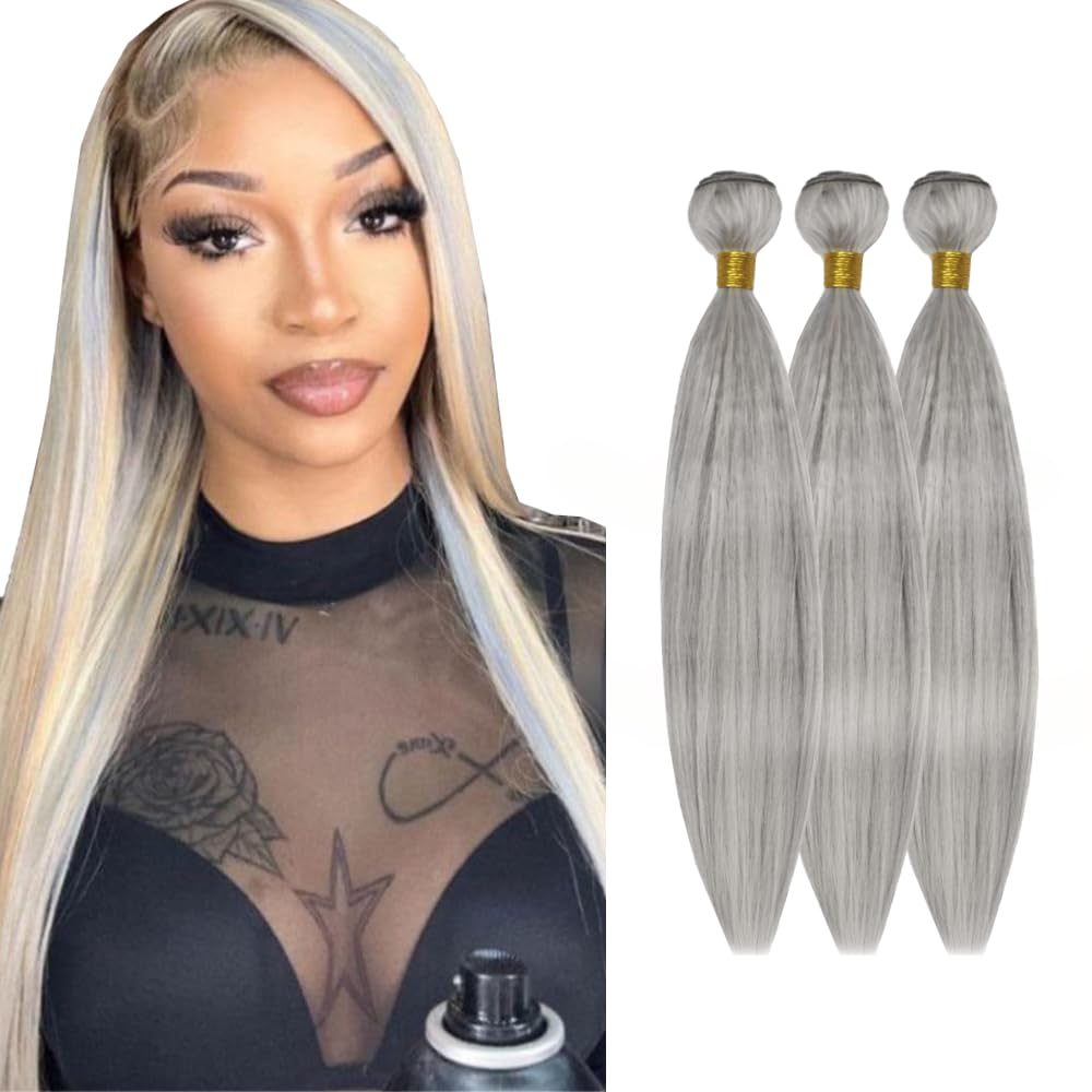 HuxoWax 22 22 22 Inch PGrey/613 Straight Bundles Human Hair Two Tone Grey Mixed With Blonde Weave 3 Bundles Total 300g Silver Virgin Straight Human Hair Extensions