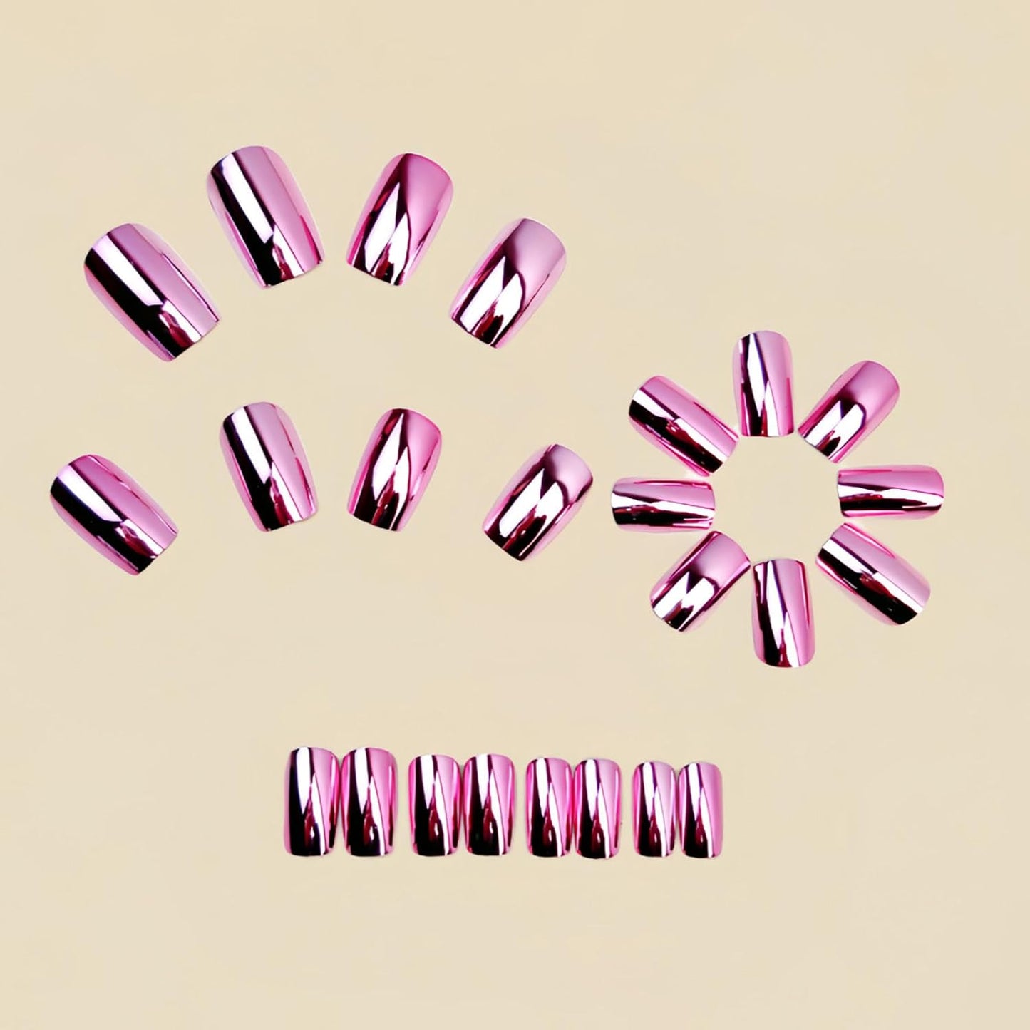 Press On Nails - Medium Length Pink Chrome Square Full Cover | 24 Pcs Sparkly Artificial Nails for Women