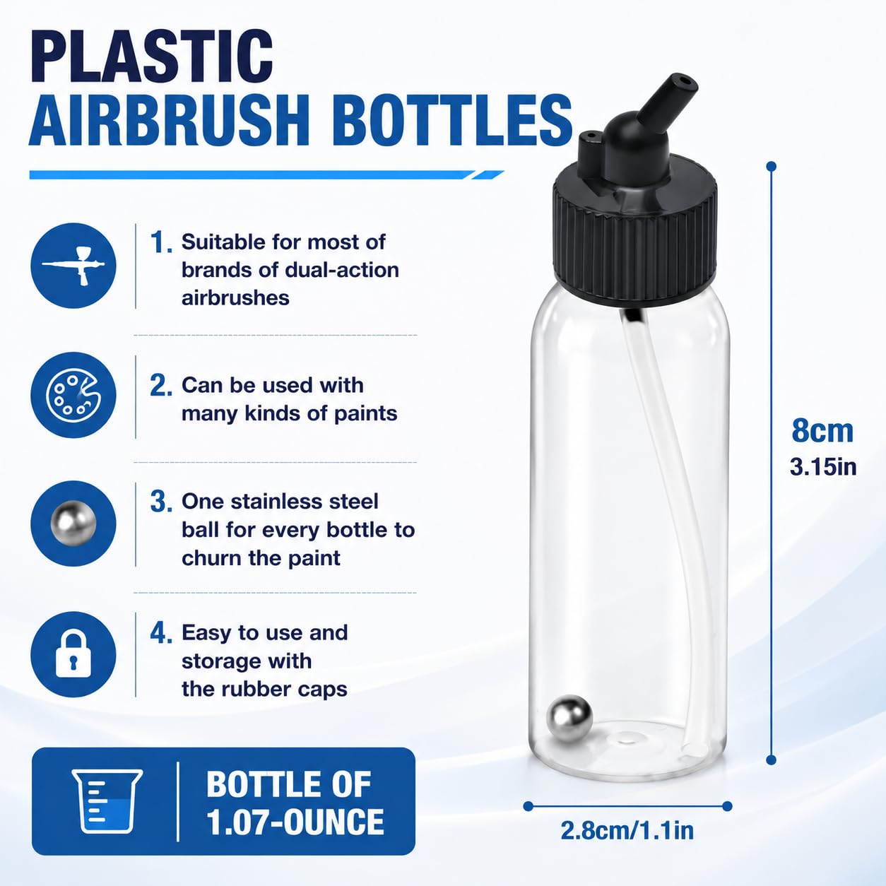 Ketofa 10pcs Airbrush Siphon Feed Jar, 1.07 Ounce(30CC) Plastic Airbrush Bottles Jars, Plastic Bottles Jars Lid Adapter Dual-Action Siphon Feed Accessories with 10x Rubber Caps