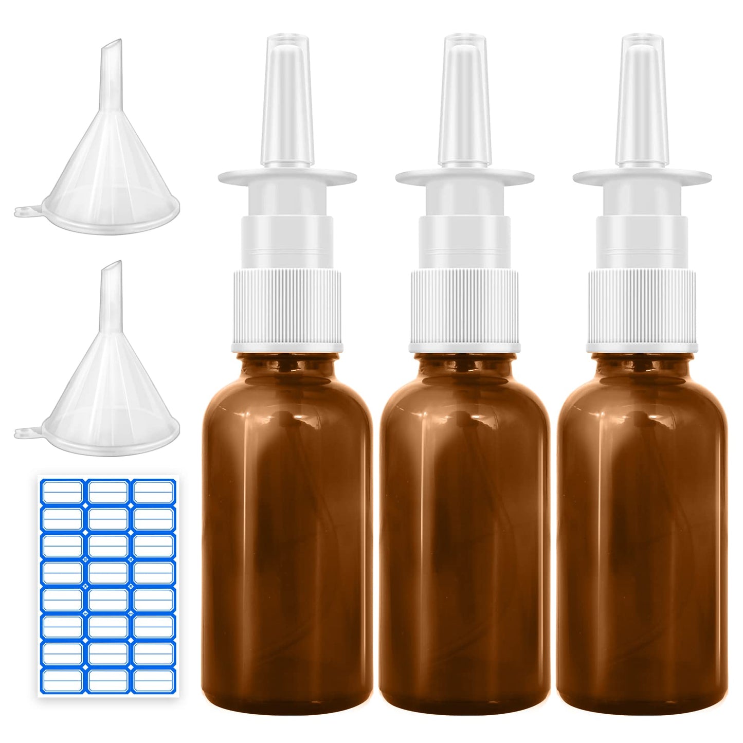 Cupohus Nasal Spray Bottle, 3 Pcs 30ML/1oz Amber Glass Refillable Fine Mist Sprayers Atomizers, Travel Sized, Empty Nasal Sprayer with Funnels and Labels