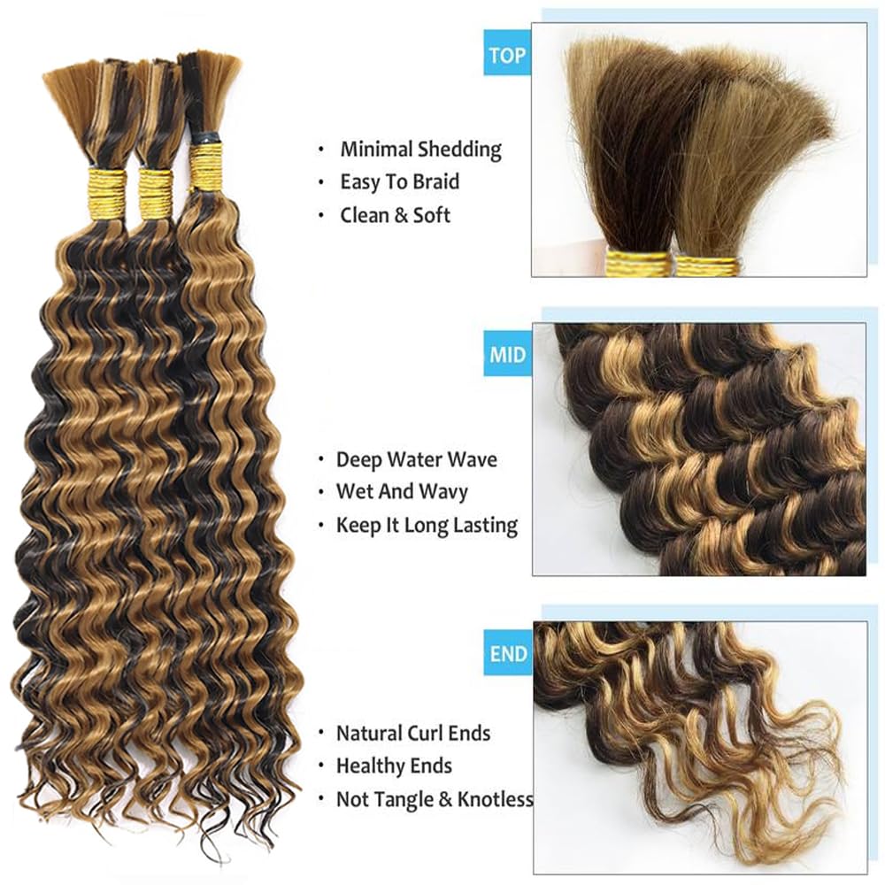 28 28 28 Inch P4/27 Blonde Human Braiding Hair for Boho Braids 150g Deep Curly Bulk Human Hair Knotless Boho Braiding Deep Wave Virgin No Weft Extensions Bohemian Braids 3 Bundles/Pack Caramel