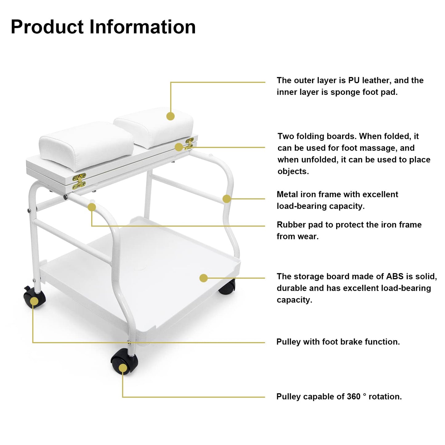 Beauty Salon Nail Or Foot Bath Spa Portable Esthetician Trolley Cart for Foot Rest Pedicure Manicure Funiture Massage Table Salon Supplies 2 Way Use 3 Color Option Elitzia (White)
